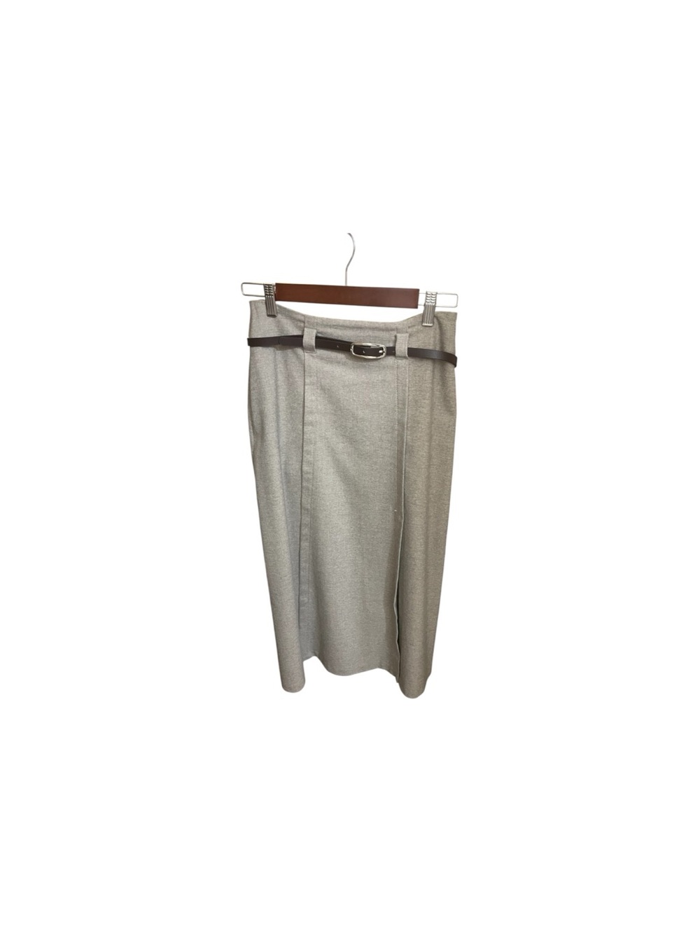Zara Light Gray Pencil Midi Skirt with Brown Belt